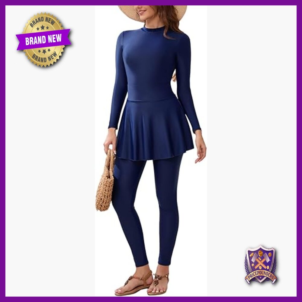 Long Sleeve One Piece Rash Guard Swimsuit with Skirt & Pants, UPF 30